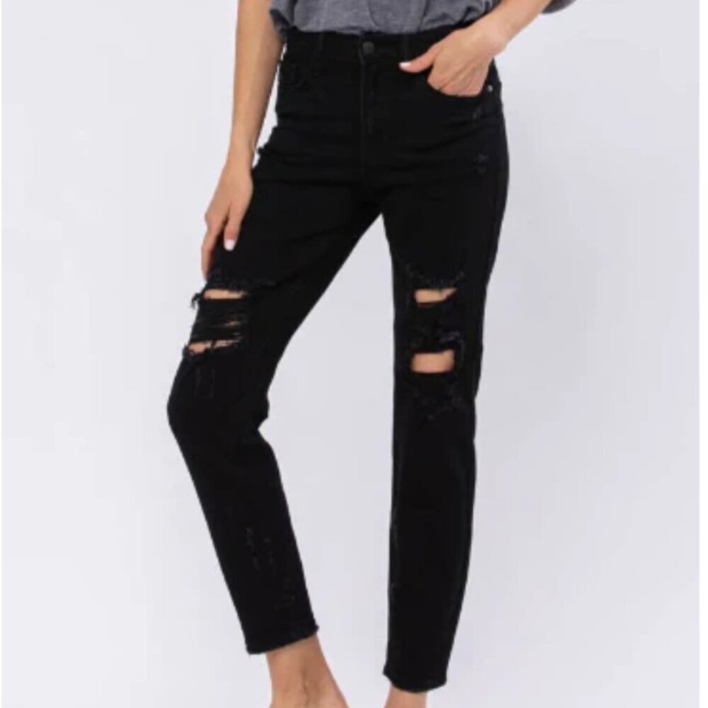 Judy Blue Black Distressed Raw Hem Boyfriend Fit Jeans Size 31